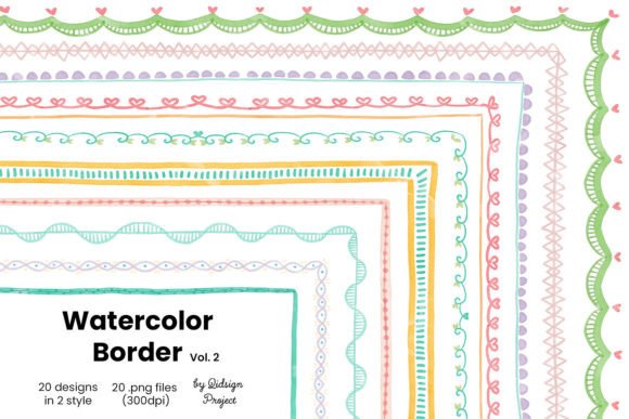 20 Doodle Watercolor Border, Decorative