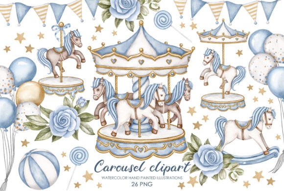 Blue Watercolor Carousel Horse Clipart: A Versatile Illustration for Handmade Magic