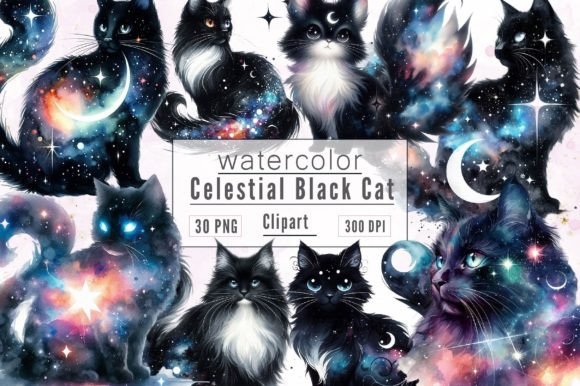 Celestial Black Cat Watercolor Illustrations for Branding
