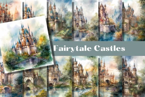 Fairytale Castle Watercolor Backgrounds: Editorial Illustrations