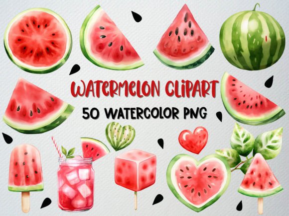 h1Watercolor Watermelon Clipart Set, 50 PNG Illustrations for Digital Sellers/h1