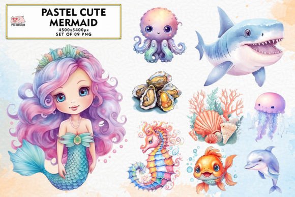 Pastel Cute Mermaid Watercolor Clipart for Crafting & Handmade Business Use