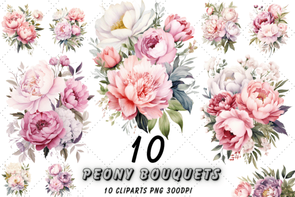 Pastel Peony Bouquets Watercolor Clipart Illustrations