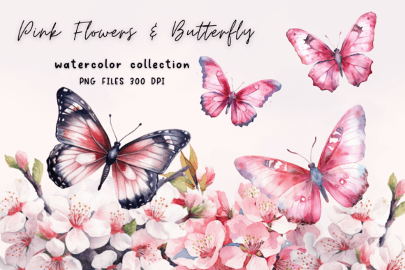 Pink Flower Butterfly Watercolor Illustrations for Crafters