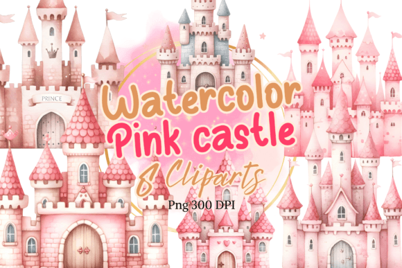 Pink Princess Castle Watercolor Clipart Illustrations