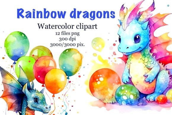 Rainbow Dragons Watercolor Clipart for Embroidery