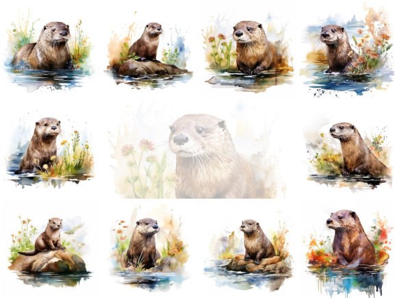 River Otter Watercolor Clipart Set: Illustrations for Local Branding
