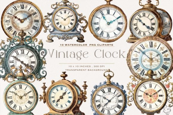 Vintage Clock Watercolor Clipart: Illustrations for Sales