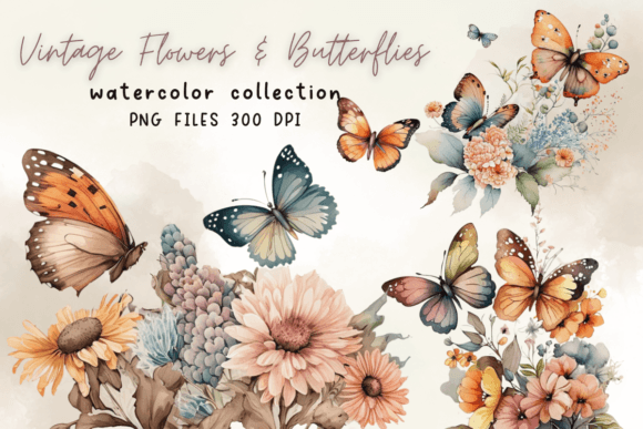 Vintage Flowers Butterflies Watercolor Illustrations for Bloggers and Publishers