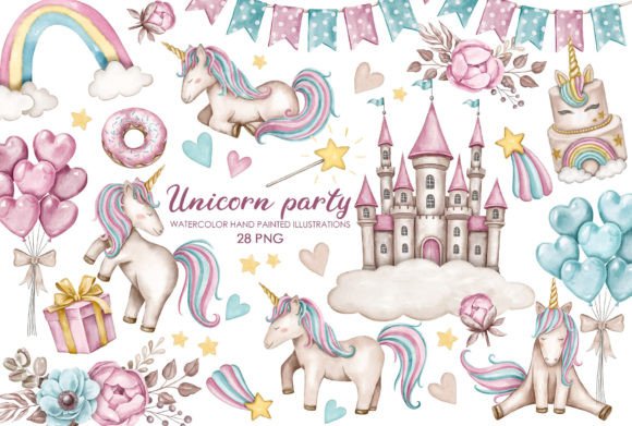 Watercolor Birthday Unicorn Clipart for Crafters & Etsy Sellers