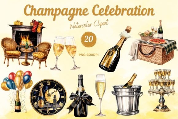Watercolor Champagne Celebration Illustrations Review