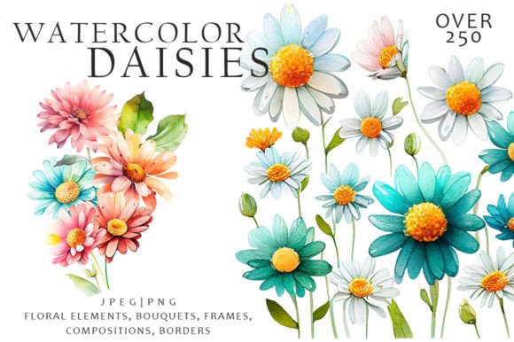 Watercolor Daisies Flowers Clipart for Branding & Marketing