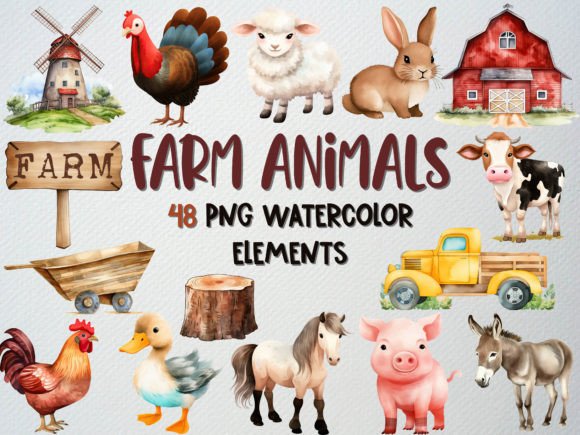 Watercolor Farm Animals Clipart Set for Illustrations & Digital Product Sellers