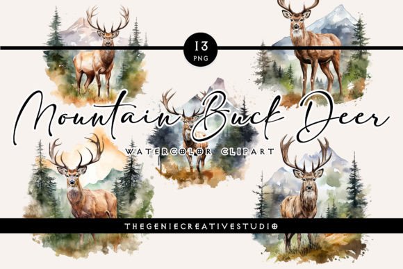 Watercolor Mountain Buck Deer Clipart Illustrations