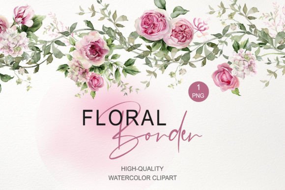 Watercolor Pink Floral Seamless Border Illustrations