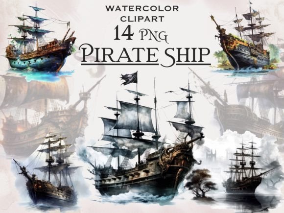 Watercolor Pirate Ship Clipart: Illustrations for Digital Sales