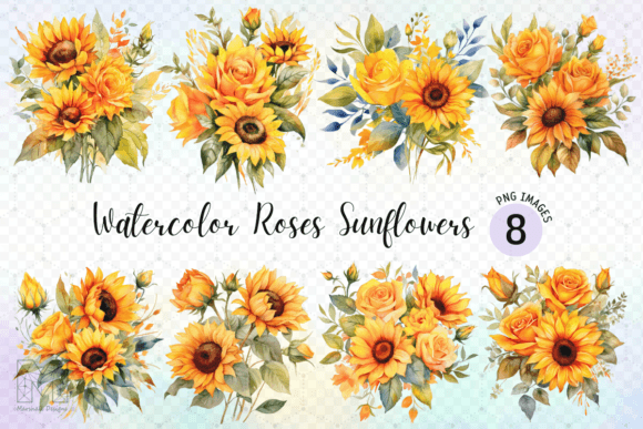 Watercolor Roses & Sunflowers Bouquets Illustrations