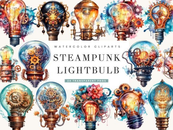Watercolor Steampunk Lightbulb Clipart Illustrations