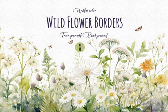 Watercolor White Wild Flower Borders PNG Illustrations